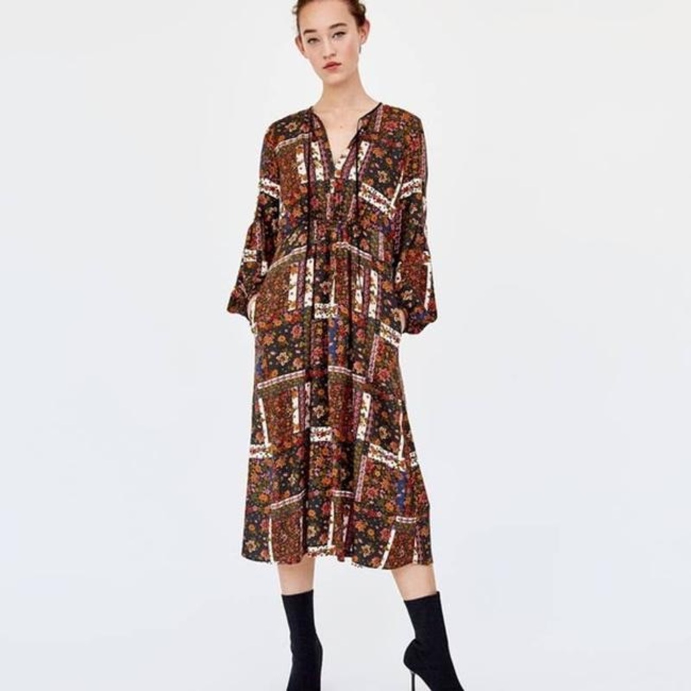 Zara patchwork dress brown XS